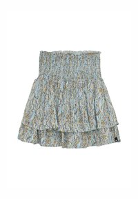 Jupe tiered à motif floral bleu avec une taille élastique. Elle présente un tissu doux et léger avec un ourlet volanté et une texture froncée.