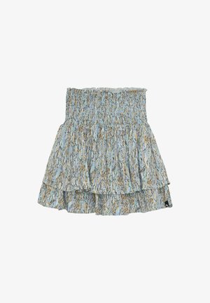 Blauwe bloemenprint, gelaagde rok met een elastische tailleband. Kenmerkt zich door een zachte, lichte stof met een gerimpelde rand.