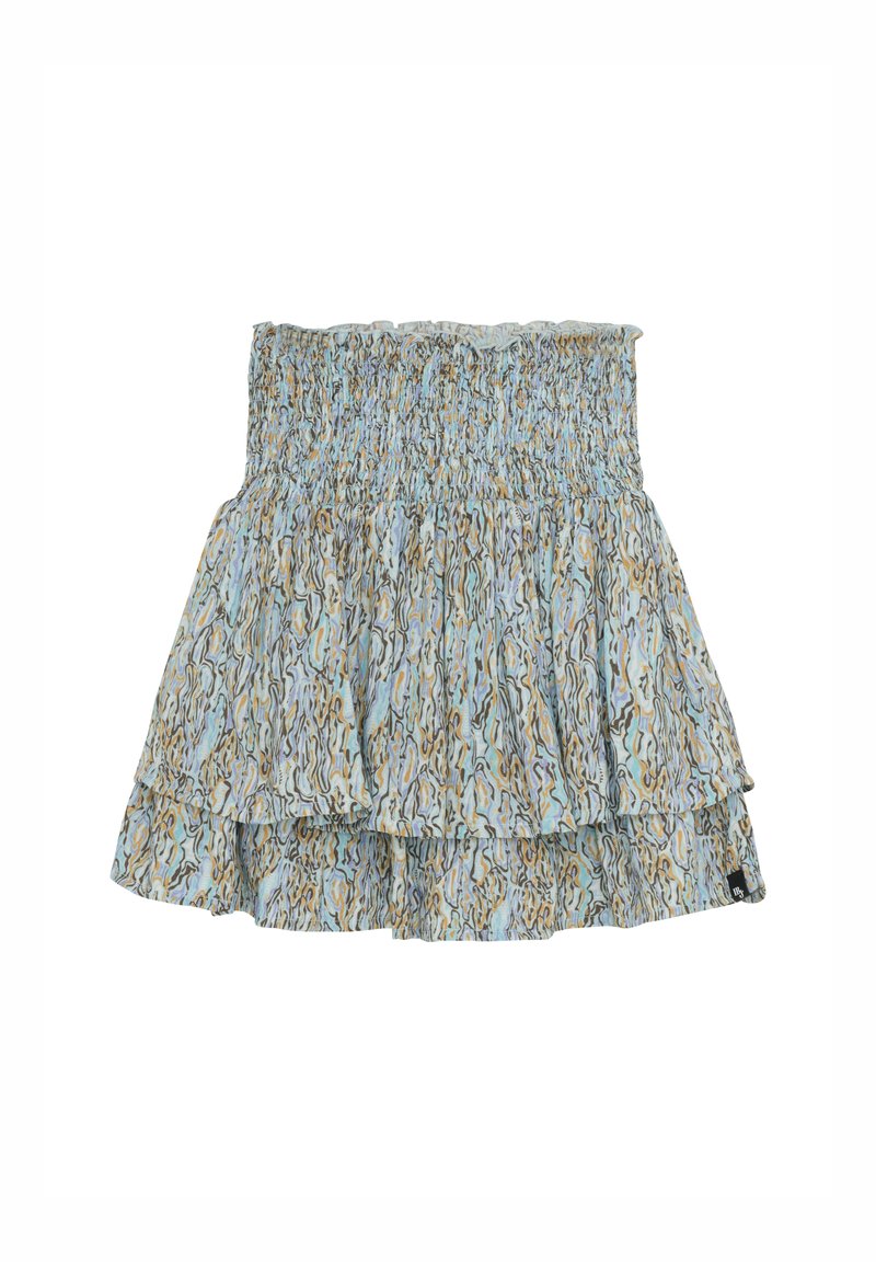 Jupe tiered à motif floral bleu avec une taille élastique. Elle présente un tissu doux et léger avec un ourlet volanté et une texture froncée.