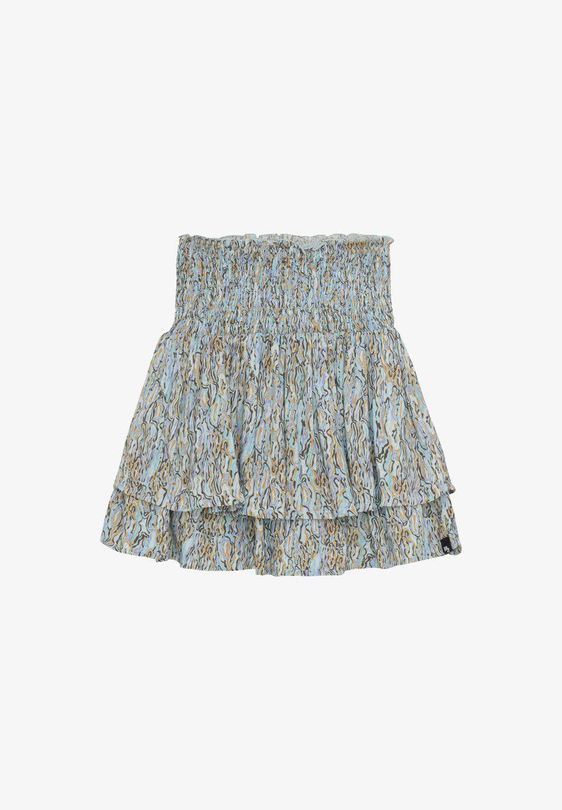 Blauwe bloemenprint, gelaagde rok met een elastische tailleband. Kenmerkt zich door een zachte, lichte stof met een gerimpelde rand.