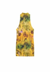 Ärmelloses, enganliegendes Tanktop in Gelb mit einem abstrakten Blumenmuster in Grün und kleinen lila Akzenten, aus glattem, leichtem Stoff.