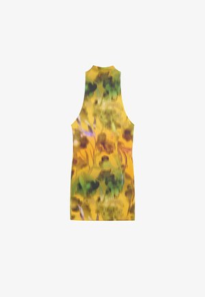 Ærmeløs, tætsiddende tanktop i gul med et abstrakt blomstermønster i grøn og hints af lilla, lavet af glat, let stof.