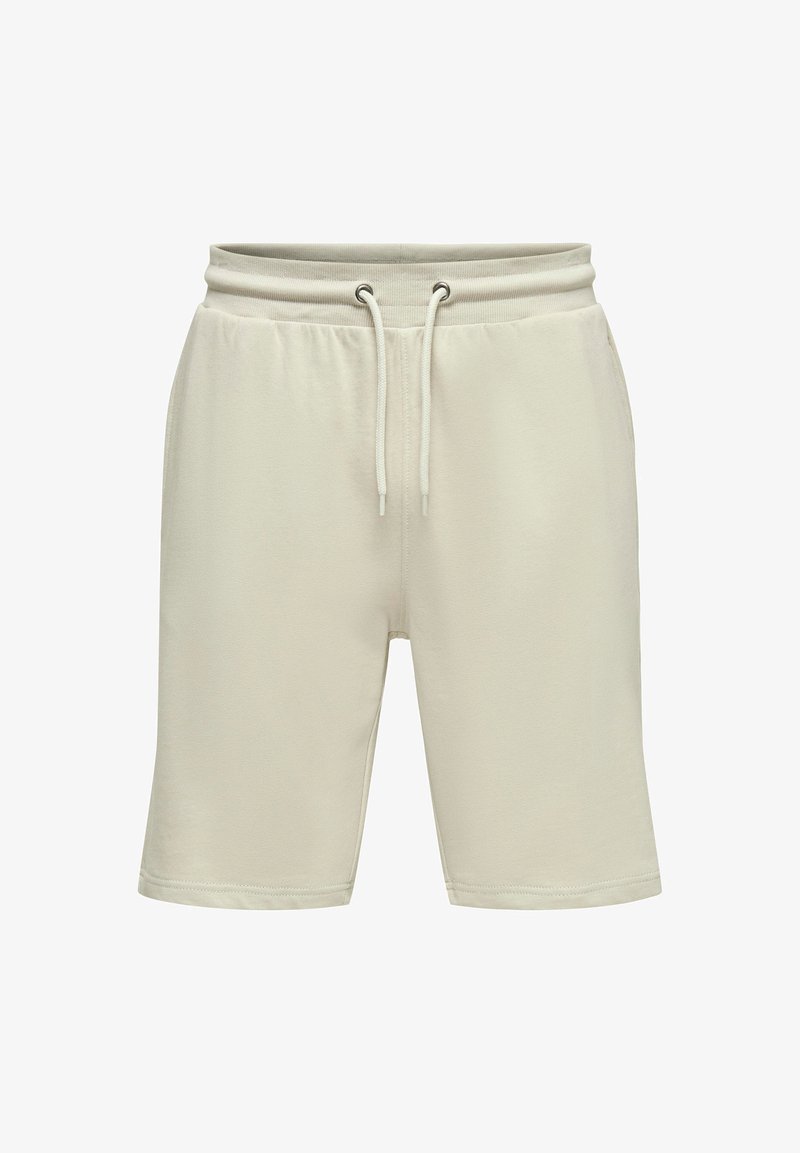 Pantalones cortos beige claro hechos de una tela suave, con cinturilla elástica y cordón, y bolsillos laterales, de longitud estándar hasta la rodilla.