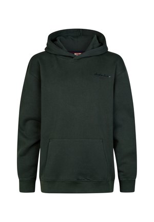 Donkergroene pullover hoodie met voorzak en kleine geborduurde tekst op de linkerborst, lange mouwen en geribde boorden en zoom.