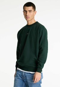 Joven con un sudadera verde oscuro sobre una camisa blanca y jeans azules, de pie contra un fondo blanco liso.
