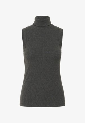 Temno siva brezrokavnica s Turtleneck iz rebraste pletenine, ki ima prilegajočo se zasnovo in visok, tesen ovratnik.