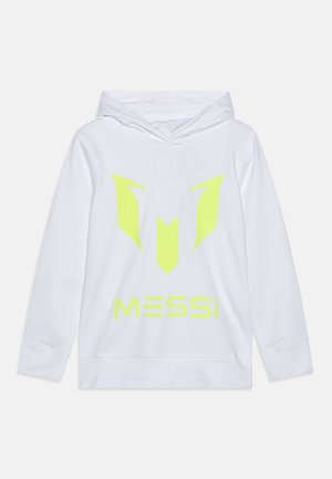 Weißer Hoodie mit langen Ärmeln, neon-gelbem Messi-Logo und Namen auf der Vorderseite, entworfen für Freizeit- oder Sportbekleidung.