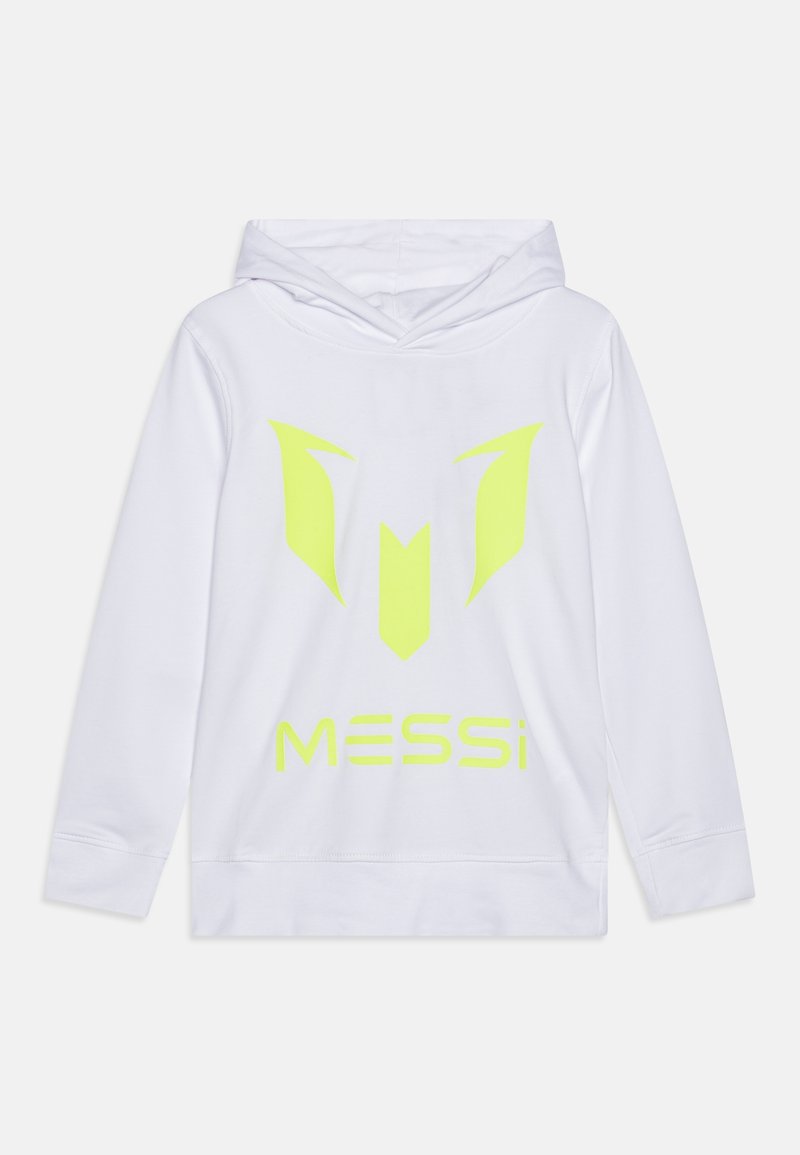 Hoodie blanc à manches longues avec logo et nom Messi en jaune néon sur le devant, conçu pour un usage décontracté ou sportif.