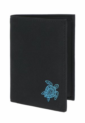 Black bifold wallet with blue tribal-style turtle design on lower right corner, shown partially open against a white background.