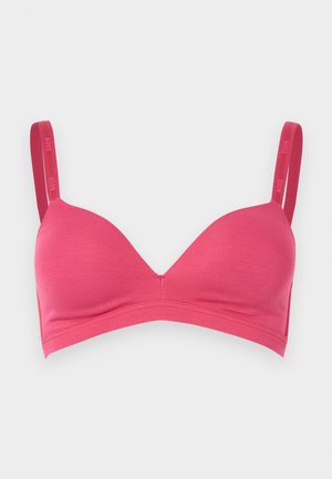 Rožinis paminkštintas liemenėlė su reguliuojamomis petnešėlėmis, ant kurių yra žodis „BOSS“, sukurtas patogumui ir kasdienei dėvėjimui.