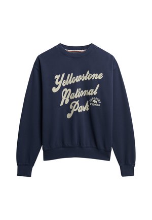 Donkerblauwe sweatshirt met een ronde hals; voorzien van crème-kleurige tekst met "Yellowstone National Park" en een logo aan de onderzijde.