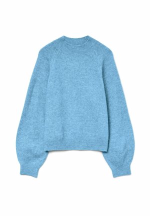 Blauer gestrickter Pullover mit einem gerippten Rundhalsausschnitt, lockeren Ballonärmeln und weicher Textur. Verfügt über ein leicht verkürztes Design.