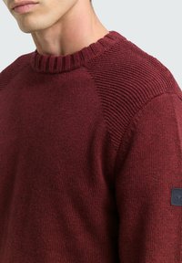 Roter Strickpullover mit einem gerippten Rundhalsausschnitt und strukturierten Details an den Schultern. Mit einem Logoaufnäher am Ärmel.