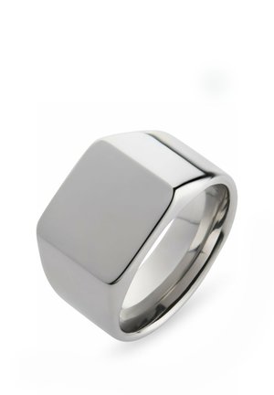 Polierter silberner breiter Ring mit flacher, quadratischer Oberseite und glatten, abgerundeten Kanten.