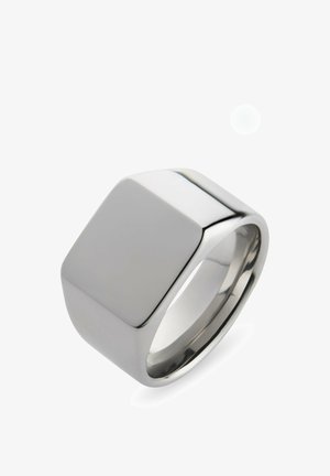 Polierter silberner breiter Ring mit flacher, quadratischer Oberseite und glatten, abgerundeten Kanten.