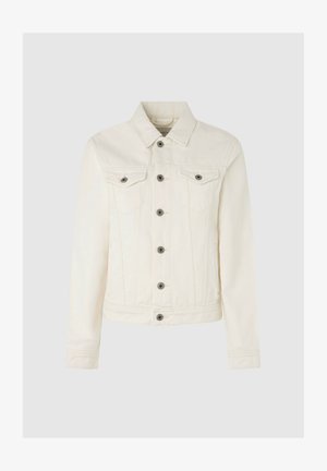 Valge denimi jakk, millel on krae, ees rinnataskud ja tume nupud. Omab struktureeritud lõiget ja nähtavat õmblemist õmblustel.