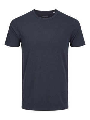Mörkblå t-shirt med kort ärm i bomull, med rund halsringning och rak nederkant. Enkel, enfärgad design utan ytterligare mönster eller detaljer.