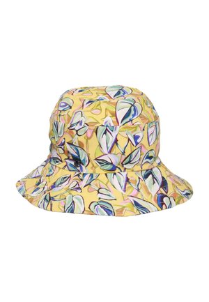 Gelber Fischerhut mit breiter Krempe, verziert mit einem farbenfrohen Blattmuster in Grün-, Blau- und Lilatönen.