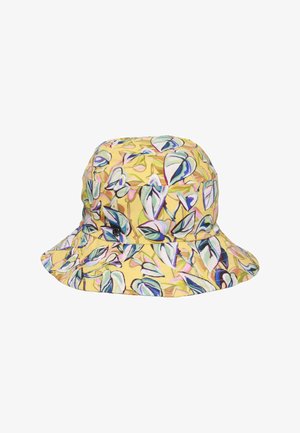 Yellow bucket hat with wide brim featuring a colorful leaf pattern in shades of green, blue, and purple.