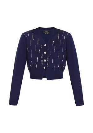 Marinblå cardigan med långa ärmar, prydd med paljetter i vertikala rader och fem knappar framtill. Korthämd längd.