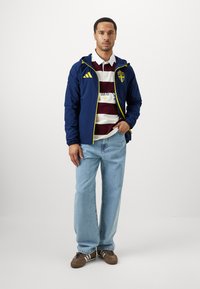 Cortavento azul-marinho com detalhes amarelos e brasão da Suécia, camisa polo listrada em bordô e branco, jeans azul-claro e tênis castanhos.