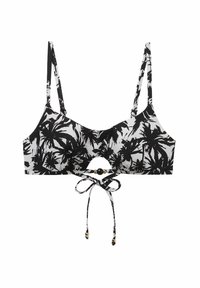Černý a bílý bikiny top s potiskem palmového listu, nastavitelnými ramínky, středovým výřezem a dekorativním korálkem na svázání v přední části.