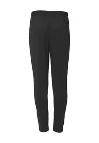 Pantalons noirs, légers et extensibles avec une taille élastique, présentant une texture lisse et un design à jambe droite. Pas d'accents supplémentaires.