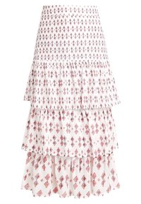 Häntäpriralin hame valkoisella pohjalla ja toistuvilla punaisilla timantti- ja kukkakuviolla. Valmistettu kevyestä kankaasta, jossa on teksturoitu pinta.