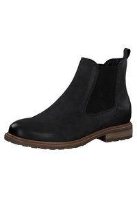 Bottillon en cuir noir avec des panneaux latéraux élastiques, dos texturé, bout rond et un petit talon en bois. Fini lisse avec des accents minimaux.