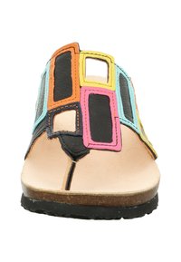 Black sandal featuring colorful geometric cutouts in orange, pink, yellow, and blue, with a textured sole and a minimalist design.
