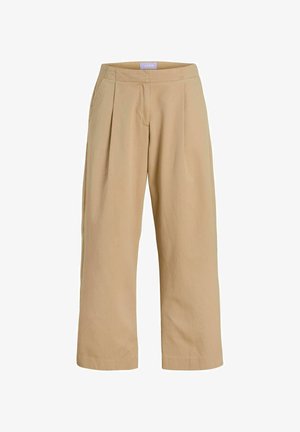 Beige wide-leg trousers made from a soft fabric, featuring front pleats, a smooth waistband, and cropped ankle length. Modern, tailored design.