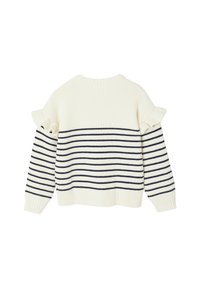 Cremiger Pullover mit navyblauen horizontalen Streifen, gerippter Textur und Rüschendetails an den Schultern. Klassisches Pulloverdesign, lockere Passform.