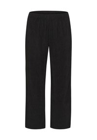 Schwarze weit geschnittene Hose mit elastischem Bund, die eine strukturierte Oberfläche und eine gerade Silhouette aufweist, geeignet für lässige oder entspannte Kleidung.