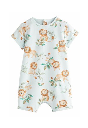 Lyseblå babyheldragt med opkrogede ærmer, dekoreret med orange løver og mønster af grønne, bladede grene.