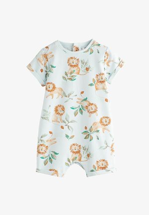 Jasnoniebieski kombinezon dla niemowląt z podwiniętymi krótkimi rękawami, ozdobiony wzorem pomarańczowych lwów i zielonych liściastych gałązek.