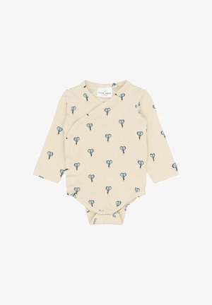 Langärmliger Cremefarben Bodysuit mit blauem Ballon-Druck, aus weichem Stoff gefertigt. Verfügt über ein Wickeldesign und Druckknöpfe im Schritt für einfaches An- und Ausziehen.