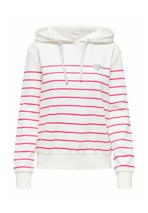 Balta džemperis ar rozā horizontālām svītrām, sudraba auklītēm un mazu sudraba sirdi kreisajā krūtī, ar ribota tipa piedurknēm un apakšmalu.