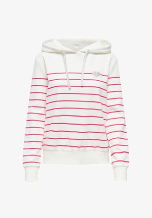 Bílá mikina s růžovými horizontálními pruhy, stříbrnými tkaničkami a malým stříbrným srdíčkem na levé straně hrudi, s žebrovanými manžetami a lemem.