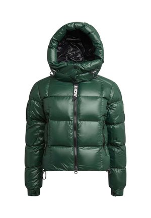 Giacca a vento verde con finitura lucida, dotata di collo alto, chiusura con zip e cappuccio regolabile. Struttura imbottita e dettaglio con logo distintivo.