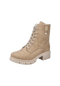 Beige suede lace-up ankle boot with a chunky cream sole, round toe, and decorative hardware on the side.