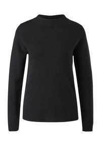 Pull noir à manches longues avec un col montant, texture côtelée et coupe décontractée. Pas de logos ni de motifs visibles. Tissu lisse.