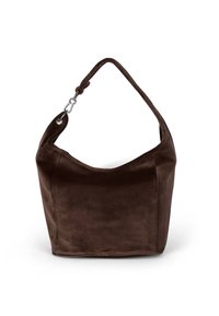 Borsa hobo in suede marrone con un corpo curvo, tracolla corta e hardware in argento. L'esterno presenta una texture morbida e un design minimalista.