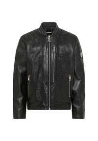 Veste bomber en cuir noir avec un motif crocodile texturé, deux poches à zip à l'avant et un col côtelé. Présente des accents matériels en argent.