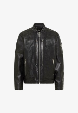 Zwarte leren bomberjack met een gestructureerd krokodillenpatroon, twee voorste ritszakken en een geribbelde kraag. Bevat zilveren hardware accenten.