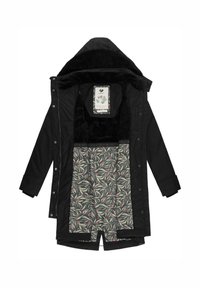 Chaqueta exterior negra con capucha, con un interior de felpa negra y un forro floral con patrón en verde y rosa. Cierre de botones a presión.