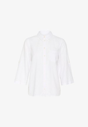 Bijela lanena košulja s ovratnikom, rukavima do tri četvrtine, prednjim džepom i zatvaranjem na dugmad s laganim, kontrastnim dugmadi.