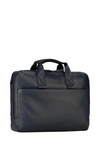 Marineblaue Leder-Laptoptasche mit zwei Tragegriffen, Reißverschluss und einer Vorderfach. Strukturierte Oberfläche mit verstärkten Nahtdetails.