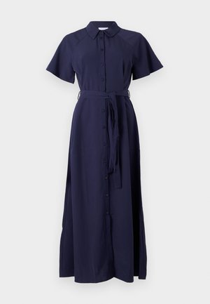 Tamnoplava haljina kratkih rukava s prednjim kopčanjem, ovratnikom i vezanjem u struku. Izrađena od glatkog materijala s lepršavom maksi dužinom.