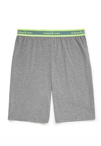 Pantaloni corti grigi realizzati in tessuto morbido, con una vita elastica e un logo verde e bianco "slopes & town". Lunghezza fino a metà coscia.