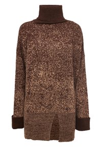 Braun-beige gesprenkelter Strickrollkragenpullover mit langen Ärmeln, gerippten Bündchen und einem vorderen Schlitzsaum.